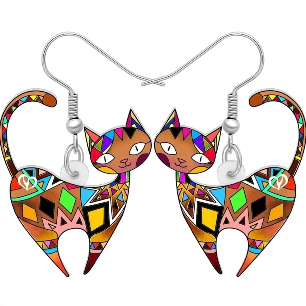 Women's jewelry unique multicolored designed cat dangle earrings!